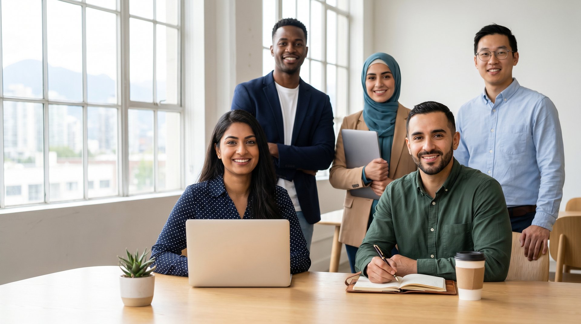 A diverse group of program participants engaged in collaborative AI training.